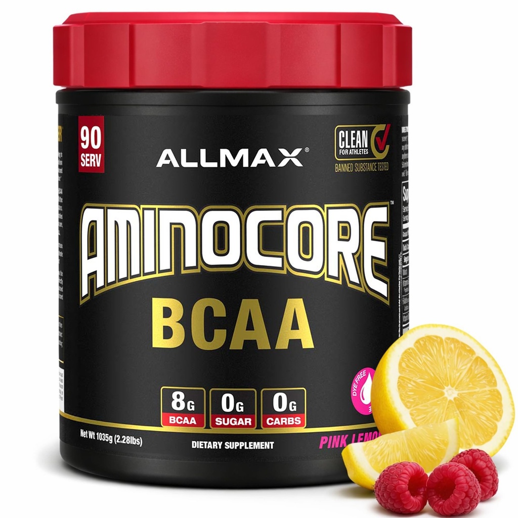 ALLMAX Nutrition AMINOCORE BCAA, Limonata Rosa - 945 g Polvere - 8.18 Grammi di Aminoacidi a catena ramificata per servire - con Vitamine B - Nessun Filler o Aminoacidi non-BCAA - Zucchero gratuito - 90 Serve