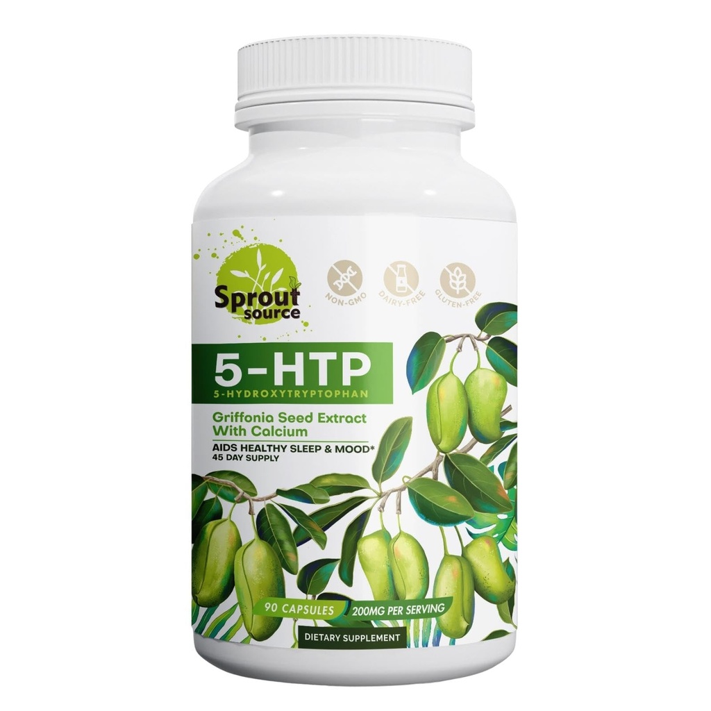 Supplemento 5HTP 200mg, Supporta sonno sano &amp; umore con calcio – Non OGM, senza glutine – 90 capsule