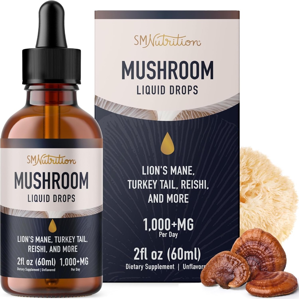 Mushrooms Liquid Drops Complex | Lions Mane Supplemento con Turkey Tail Mushroom, Reishi, Shiitake & More | Supporto Funzione cognitiva, Memoria & Focus | Non-GMO, Soy-Free | 2 Fl Oz, 60 Servings