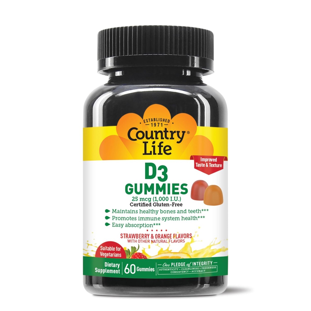 Vita di campagna Vitamina D3 Gummies – 1.000 IU Cholecalciferol, 60 Conte – Supporta la salute di ossa e immuni – vegetariano, senza glutine, fragola e arancio aromi – pectina-basata, nessun dolcificante artificiale