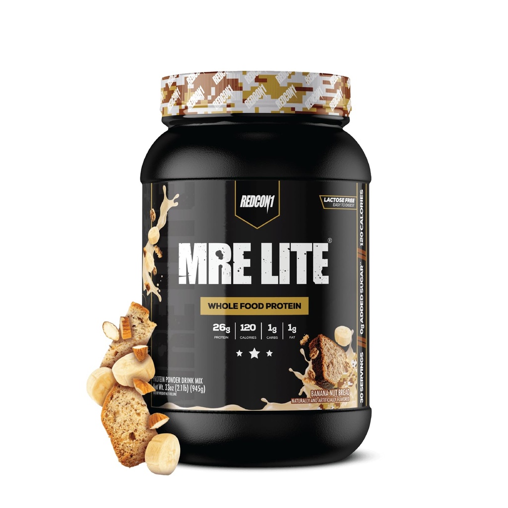 REDCON1 MRE Lite Polvere di proteine alimentari, Pane di Nut di Banana - Bassa Carb & Whey Sostituzione di pasti gratuiti con miscele di proteine animali - Integratore facile da digerire realizzato con oli MCT (30 Serve)