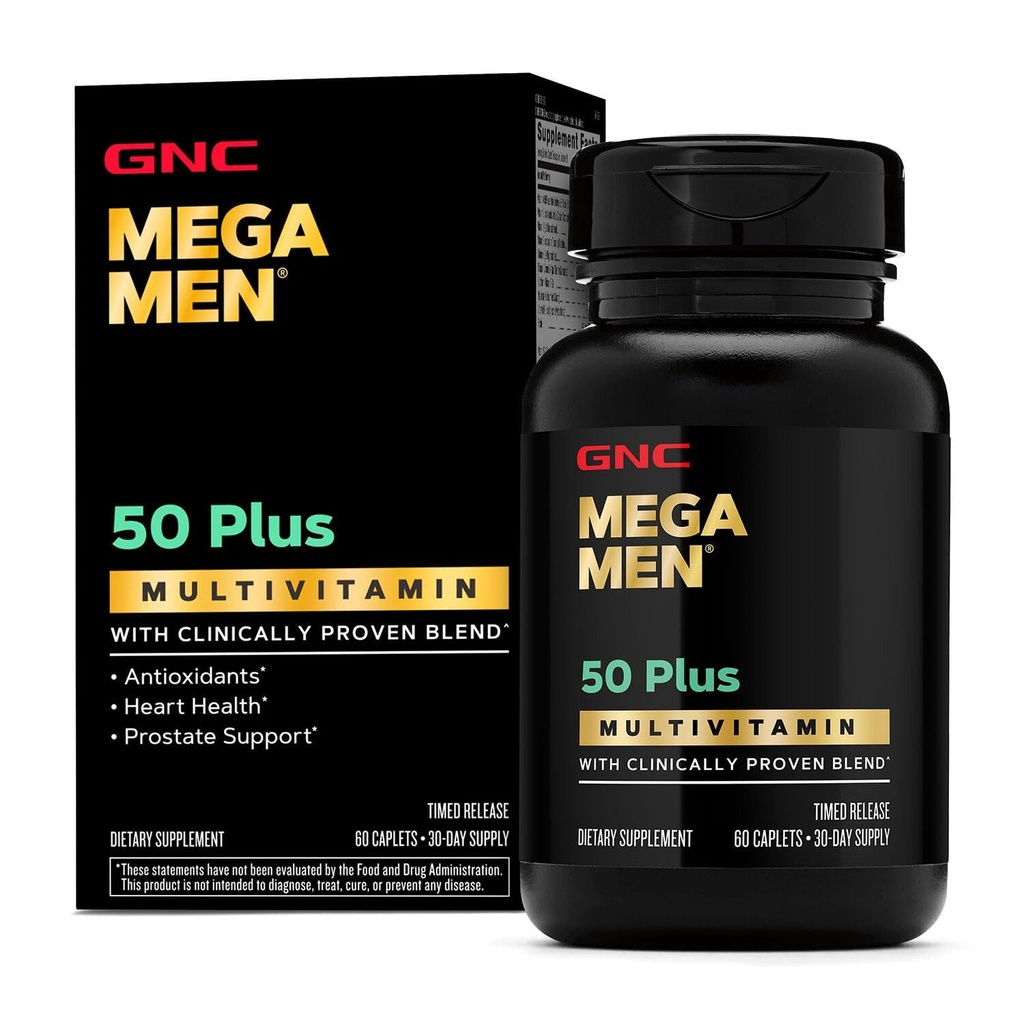 GNC Mega Men 50 Plus Caplets Multivitamin, clinicamente dimostrato, cuore e salute della prostata, vitamine B, Palmetto segato, memoria, vitamina D-3, 60 conte