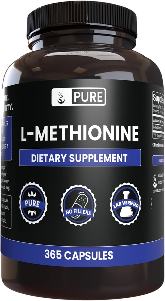 PURE ORIGINAL INGREDIENTI L-Metionina (365 capsule) Nessun filler di magnesio o di riso, sempre puro, verificato il laboratorio