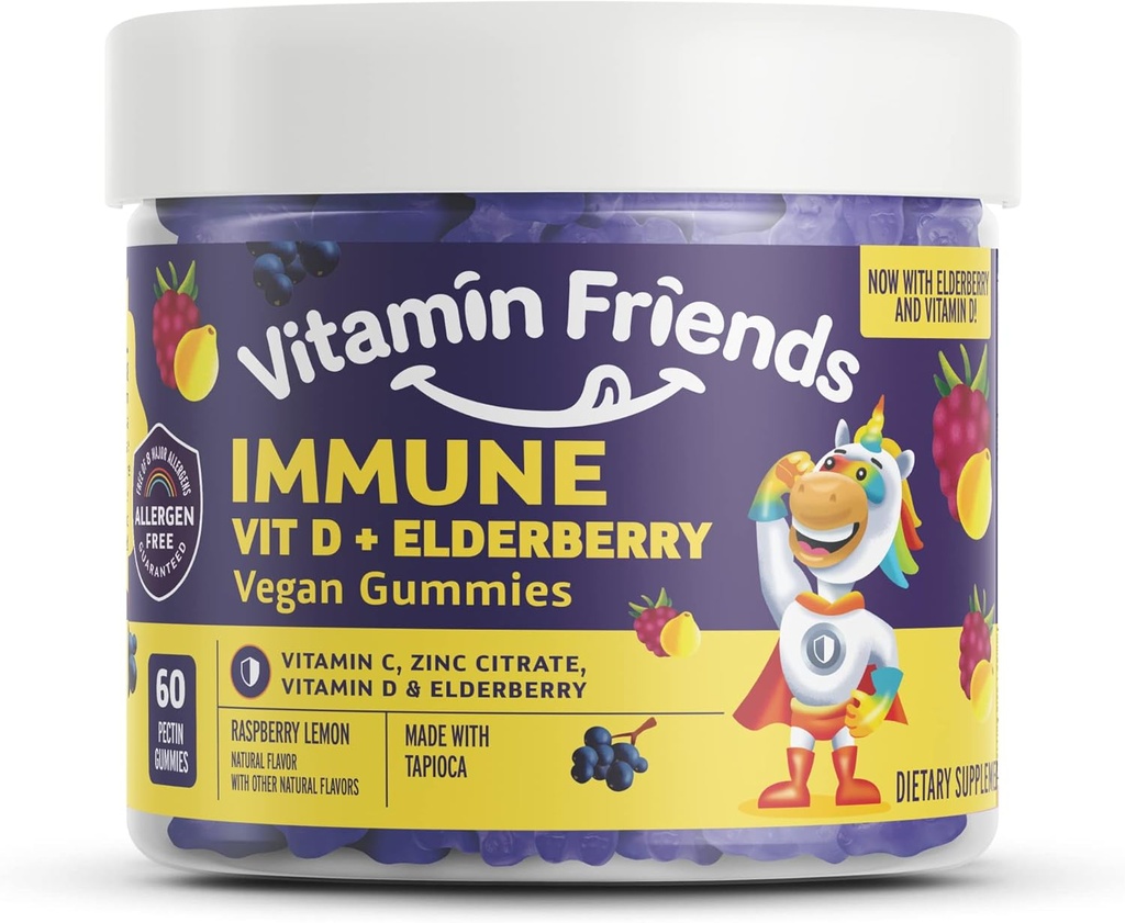 Vitamina Friends - Elderberry, Vitamina C Gummies - Vegan Immune System Booster Blended Supplements - Assistenza sanitaria w/ Zinc Citrate & Vitamina D - Advanced Immune Support - 30 Day Supply – 1 Pack