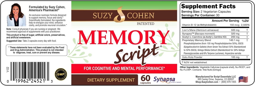 Suzy Cohen Memory Script con Lions Mane, Phosphatidylserine, Estratto di tè verde e Ginkgo - Integratore di supporto per il cervello per la messa a fuoco - Capsule Nootropic per la cognizione, Richiamo veloce e l'umore