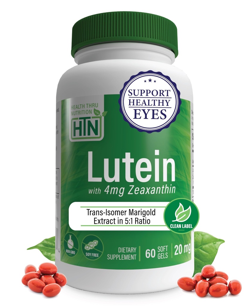 Lutein 20mg con Zeaxanthin 4mg 60 Softgels | All-Trans Marigold Extract in Nature Identical 5:1 Ratio | Supporta occhio sano, pelle e cervello | Soia non OGM & Gluten Free | by Health Thru Nutrition