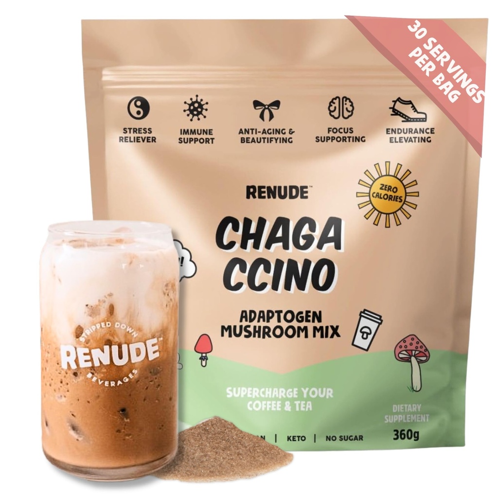 Renude Chagaccino - Chaga Mushroom Powder, Mushroom Coffee Drink Mix con additivi, energia naturale e supporto immunitario, Vegan, Keto, Zero Calorie Mushroom Blend Powder - 30 Servings