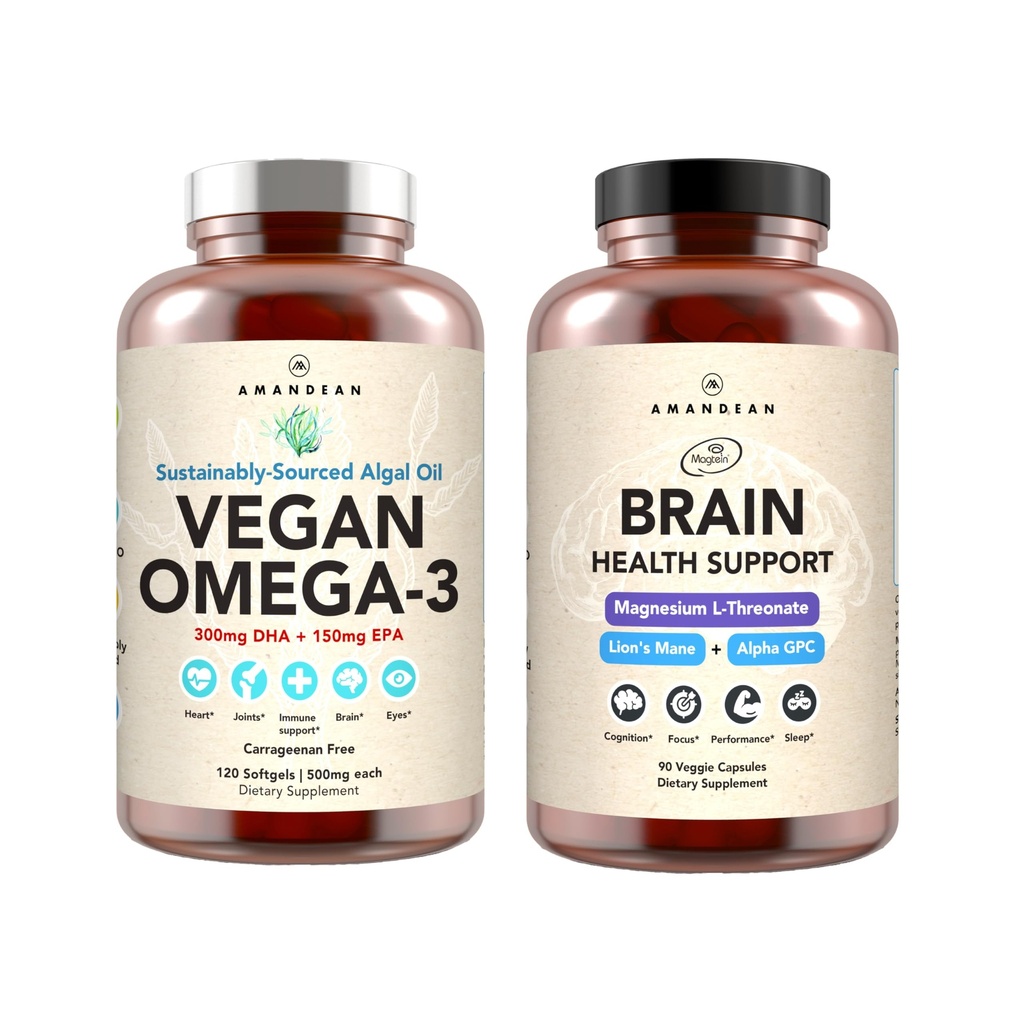 Cervello AMANDEAN & Vegan Omega-3 Bundle: Threonate di magnesio, USA-Grown Lion Mane 6:1, Alpha-GPC & Algae DHA/EPA. Grassi essenziali per cervello, occhio, cuore e salute della pelle. Fish Oil Alternative.