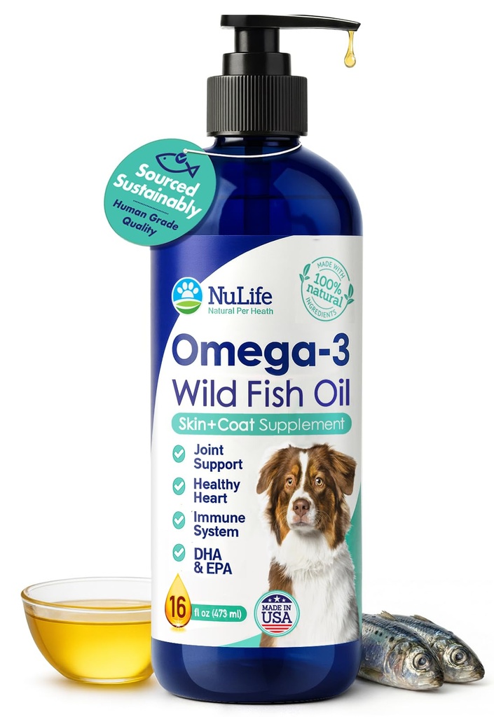 Olio di pesce liquido per cani con omega 3, 6 & 9 acidi grassi, selvatico beccato dall'Islanda, supplemento di pelle e cappotto per spargimento, pelle prurito, allergie, cervello e salute del cuore, ricco di EPA + DHA - 16 oz
