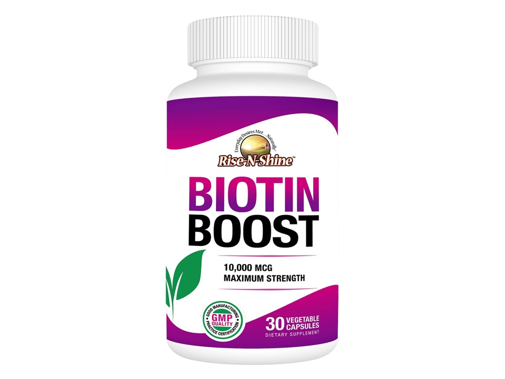 Rise-N-Shine Biotin Boost 10.000 mcg Biotina 10000 mcg per sostenere capelli, pelle, unghie e ciglia 30 Conte