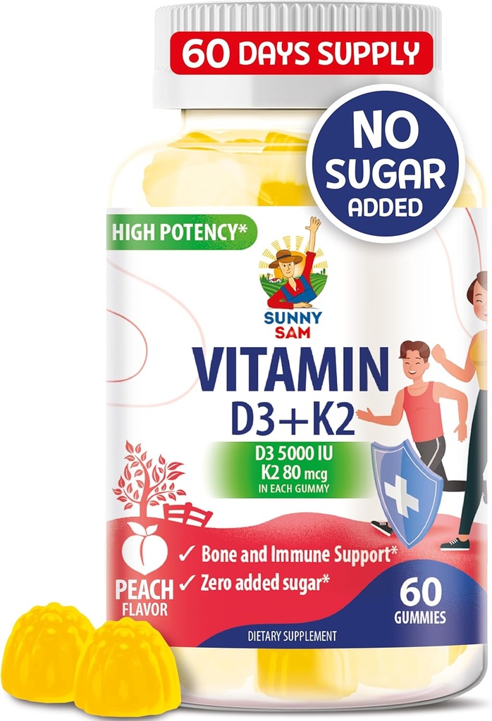 Zucchero-Free Vitamina D3 K2 Gummies 5000 IU - Immune & Bone Support Gummies - Vitamina D Gomma Supplemento per Adulti - Alto assorbimento, Vegan, Halal, Vitamine masticabili senza glutine