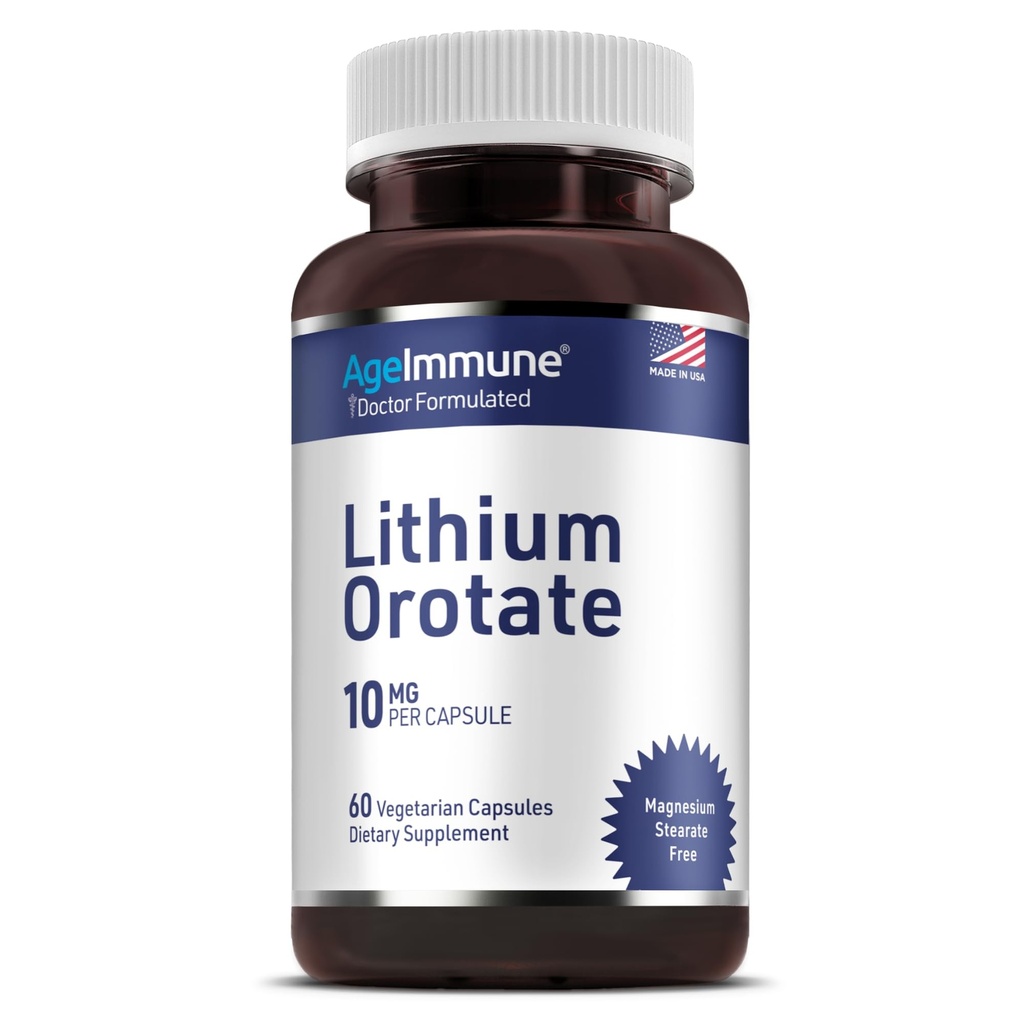 Lithium Orotate Supplemento 10mg, 60 capsule vegetariane. Supporta memoria e benessere emotivo. Magnesio Stearato Integratori Gratis. (1)