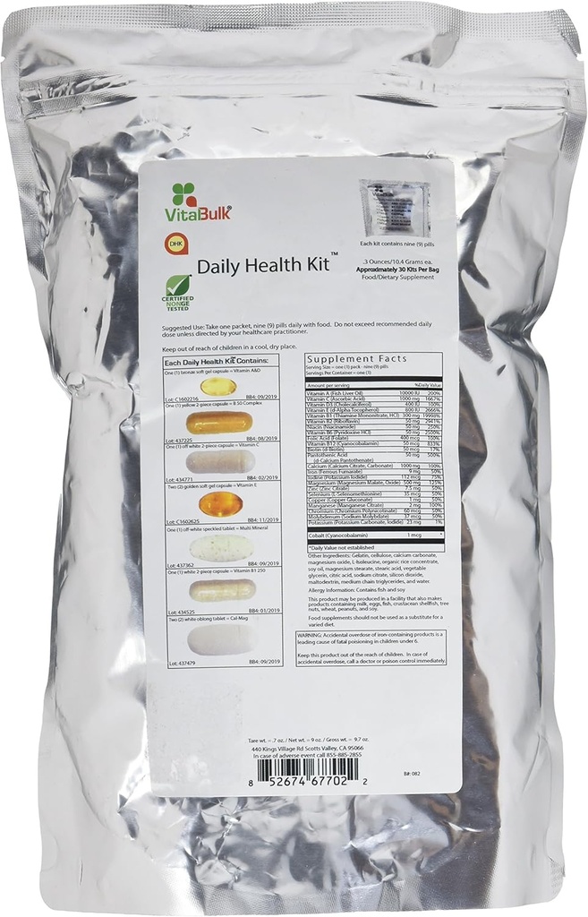 Vital Bulk Daily Health Kit Packet Multivitamins & Mineral 30 Count Box - Multivitamina per gli uomini e le donne - Contiene vitamina C 1000mg A D E K B Complex B12 Iron Calcium Magnesium & Potassium Supplement