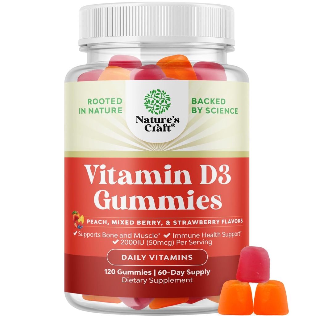 Natura Artigianato Vitamina D3 Gummies per il benessere quotidiano - Deliziosa Vitamina D Gummies per gli adulti con D3 2000IU per Serving Bone Muscle & Immune Support - Non OGM Gelatin & Gluten Free (alimentazione 60 giorni)