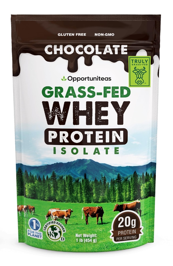 Opportuniteas Grass Fed Chocolate Whey Protein Isolate Powder - 20g Polvere proteica senza dolcificanti artificiali, Cows felici senza ormoni, Non OGM - 1lb