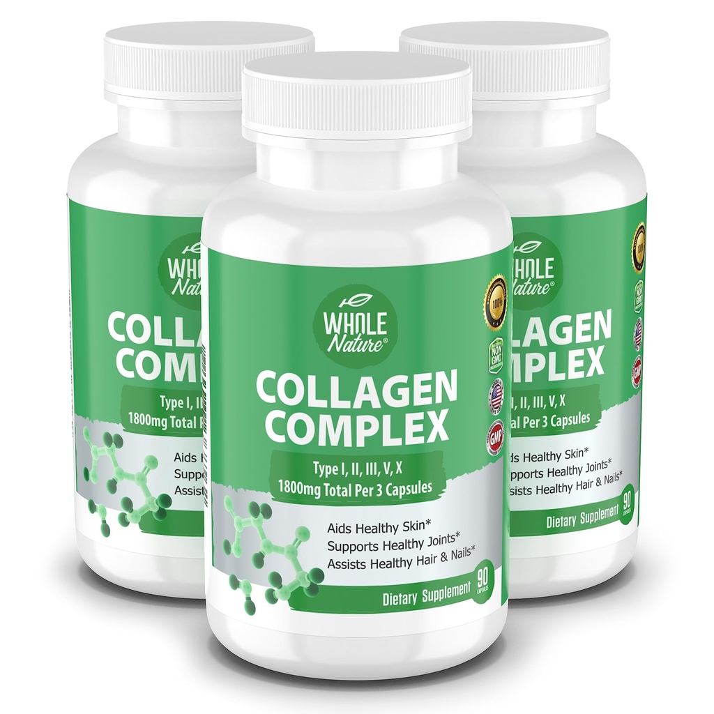 Multi Collagen Protein Peptides Supplemento capsule - 1800mg Collagen Complex Tipi I, II, III, V, X - Supporto congiunto, Capelli sani, Pelle, Unghie, Vitamine di bellezza, 100% Naturale, Non OGM 270ct (3)