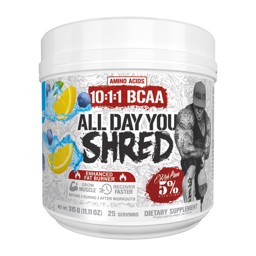 5% Nutrition Rich Piana AllDayYou Shred BCAA Powder | Supplemento di aminoacidi per la perdita di peso | Elite Fat Burning Pre Workout per l'energia, l'idratazione, la resistenza e il recupero (Blueberry Lemonade)