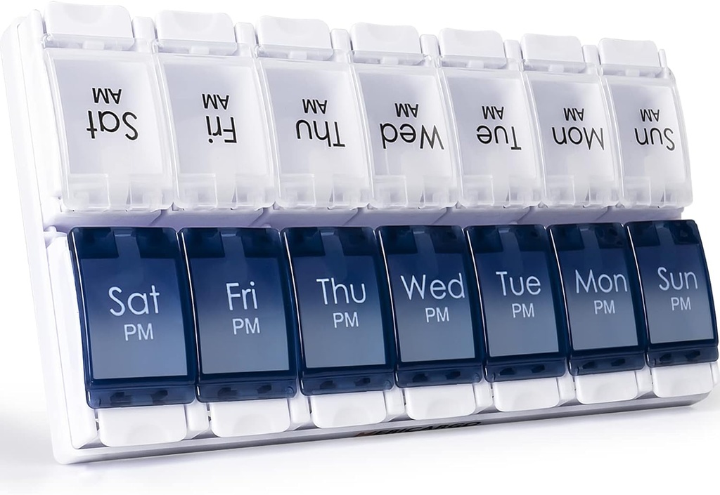 MERICARGO Am Pm Pill Organizer 7 giorno, 2 volte al giorno Grande scatola di pillole settimanali, Push Button Daily Pill Case for Vitamin, Fish Oil, Supplementi