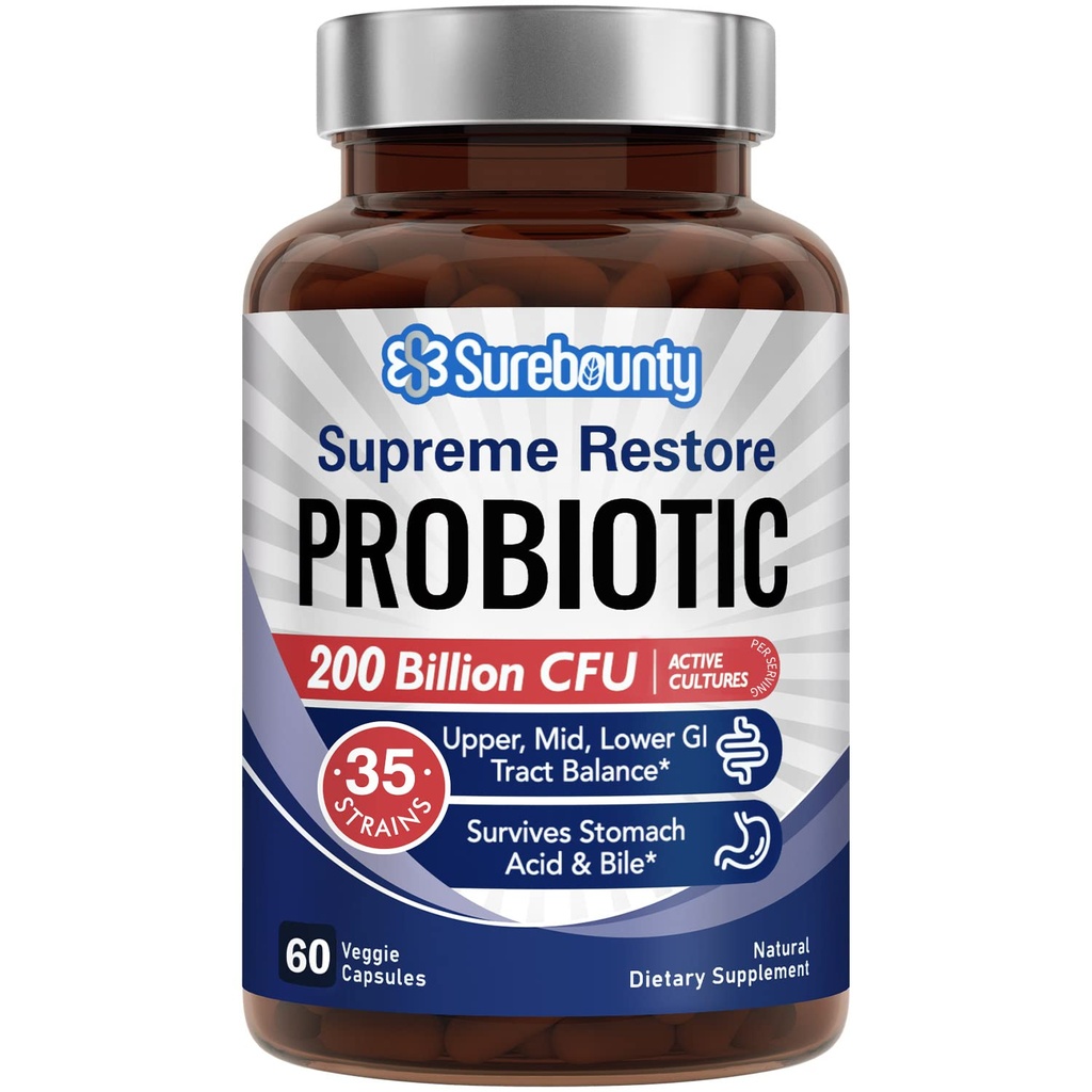 Probiotico per uomini e donne, 200 miliardi di CFU 35 Strains, Prebiotici + Enzimi Digestivi, Supplemento Probiotico Ripristino Supremo, Tomaia, Medio, Basso equilibrio del tratto GI, 60 capsule Veggie, 1 Mese