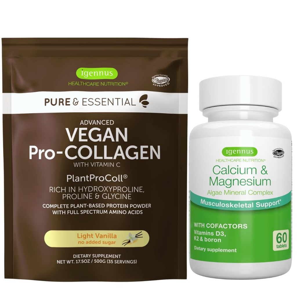 Vegan Vanilla Collagen Protein Powder + Calcium & Magnesium Complex Bundle, Supporto Bone completo, di Igennus