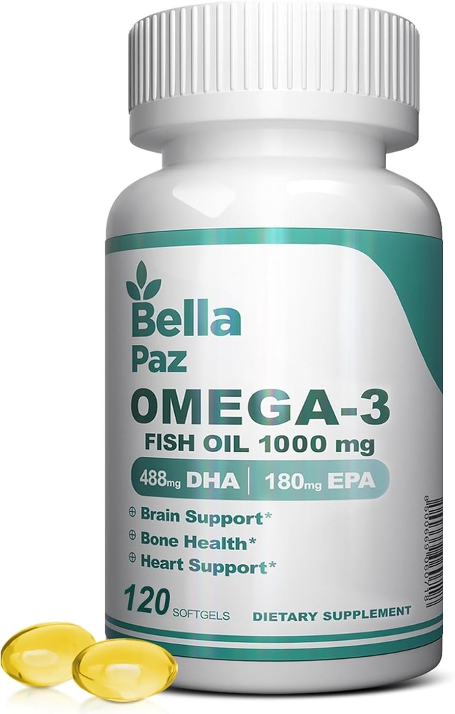 Omega 3 FishOil Integratori - 1000mg Fish Oil 788 mg Omega-3 Grassty Acid Burpless, 488 DHA & 180 EPA per il muscolo Bone Heart Brain Support and Health, Integratori per Uomini e Donne, 120 Softgels