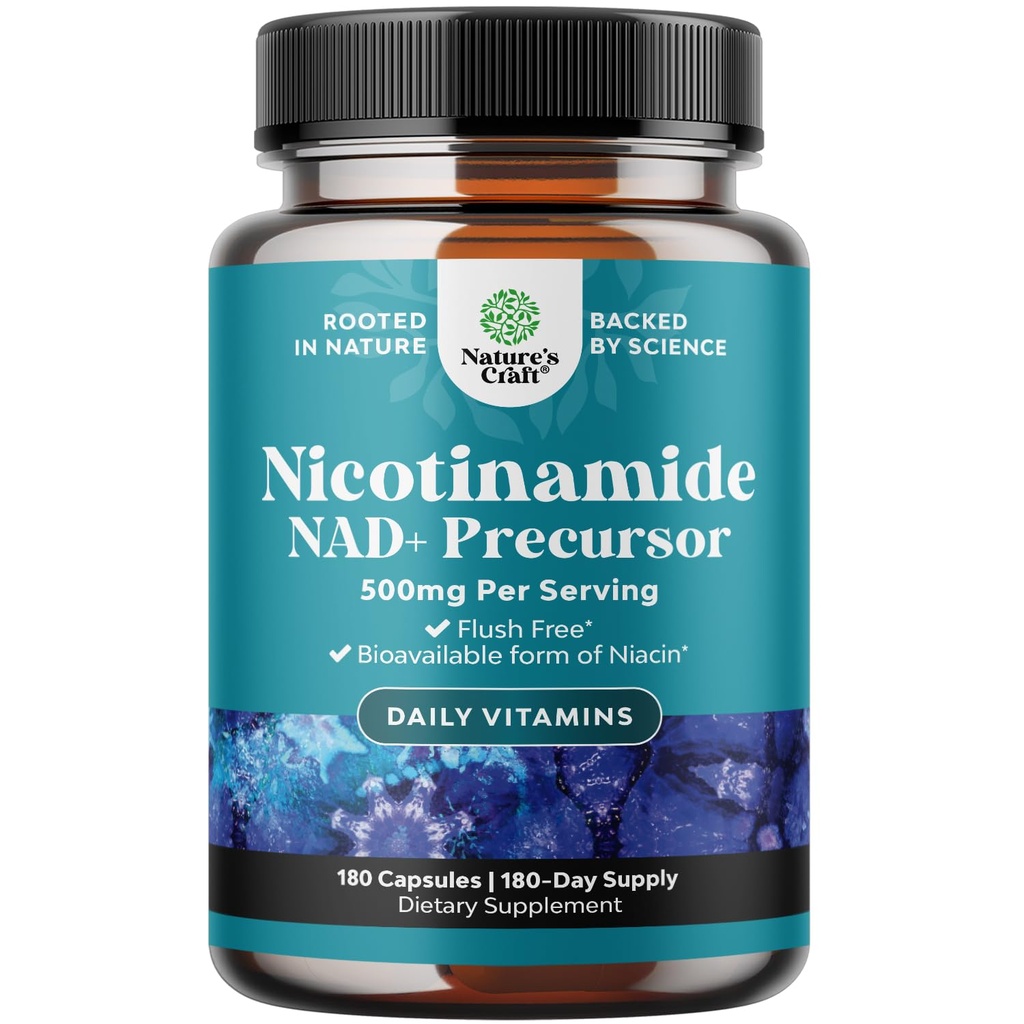 Vitamina B3 Niacinamide 500mg Capsule - Mitocondrial Energy e Potent Skin Supplement - AKA Vitamina B3 Niacin 500mg Flush Free e Nicotinamide 500mg - Flush Free Niacin Supplement - 180 Count