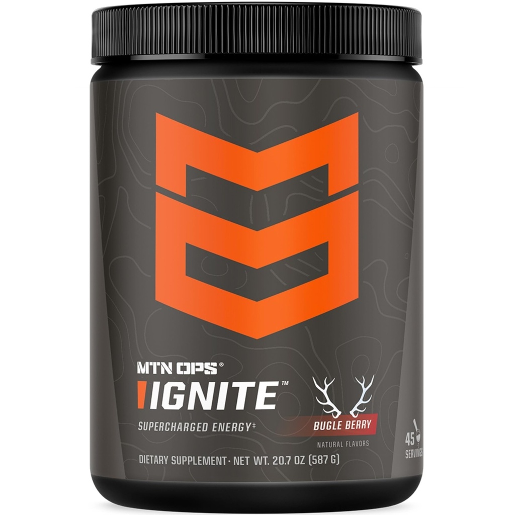 MTN OPS Ignite Energy Drink Powder, Gluten Free Nootropic Supplement Drink Mix, L Arginine, L Citrulline, Caffeina & Nootropic Sugar Free Drink Mix, 45 Servings, Bugle Berry