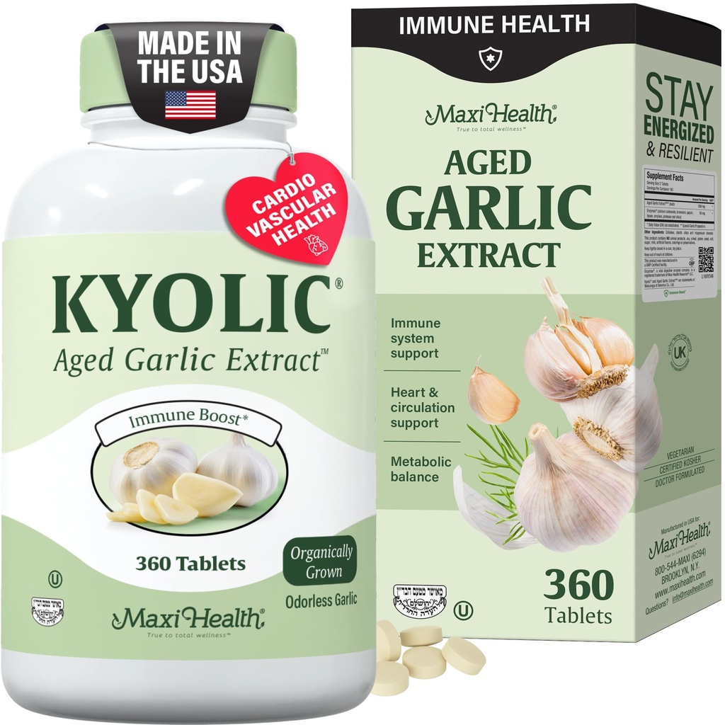 Maxi Salute Kyolic Organic Aglio Supplemento - Kosher Aglio Compresse con Kyolic Aged Estratto di Aglio per Supporto Immune - Pillole Aglio Vegetariano (360 Conte)