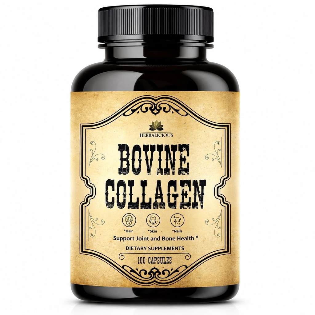 HERBALICIOUS Collagen Bovine Supplementi per uomini e donne | Peptidi di collagene bovina idrolizzati a base di erba | Joint, Nerve & Bone Support | Non-GMO, Anti-invecchiamento | 100 capsule