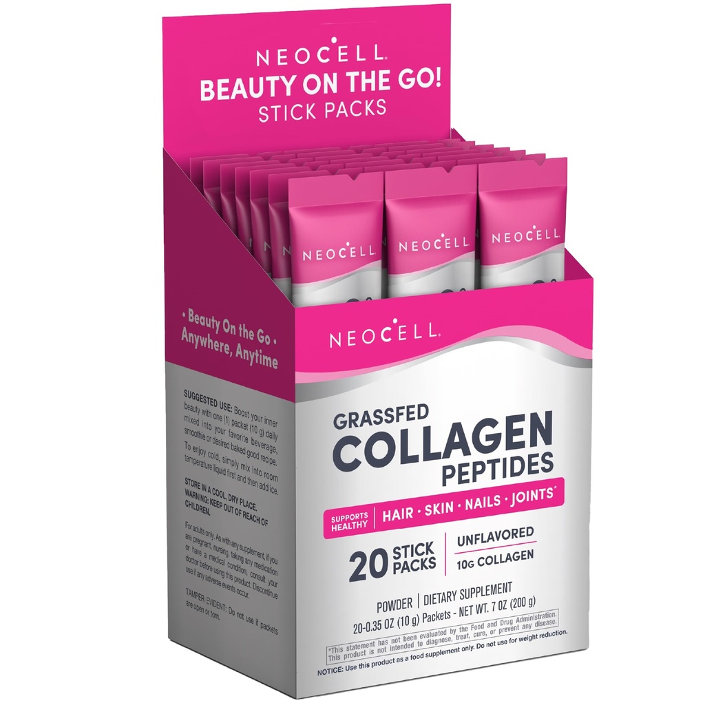 Peptidi Super Collagen NeoCell, 10 g Confezione Collagene/Single-Serve; Keto Certificato, Senza Glutine; per pelli sane, Capelli, Unghie e Supporto Giunto;* Polvere non aromatizzata, 20 Servs, 7 Oz.