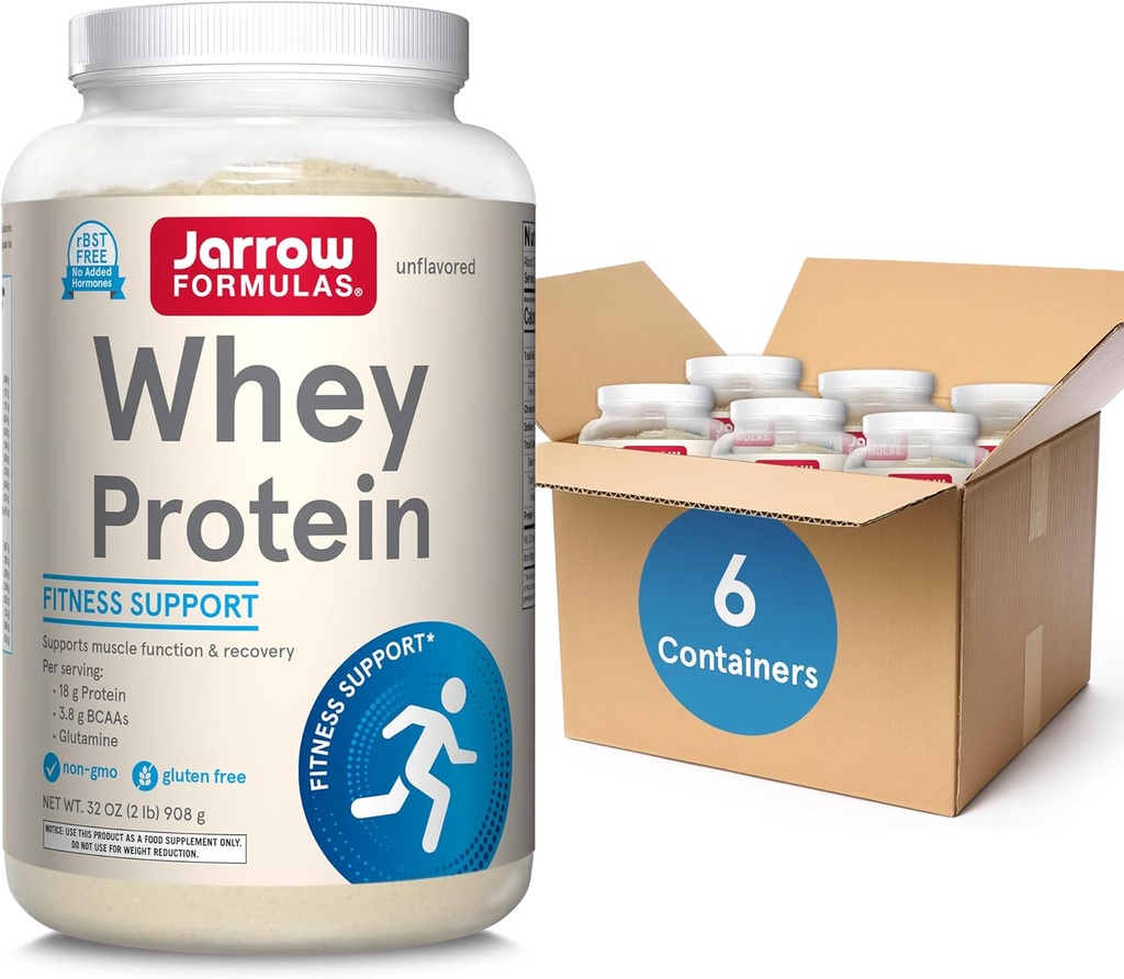 Jarrow Formulas Whey Protein Con 18g di Proteine, 3.8g di BCAAs, e Glutamina, supplemento dietetico per la funzione del muscolo & supporto di recupero, 32 oz polvere non aromatizzata, circa 38 giorni di alimentazione, 6 pacchetti