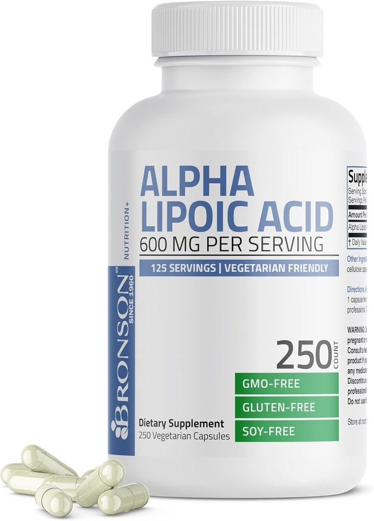 Bronson Alpha Lipoic Acid 600mg Free Radical Scavenger Supporta la salute - Non OGM, 250 capsule vegetariane (125 Serve)