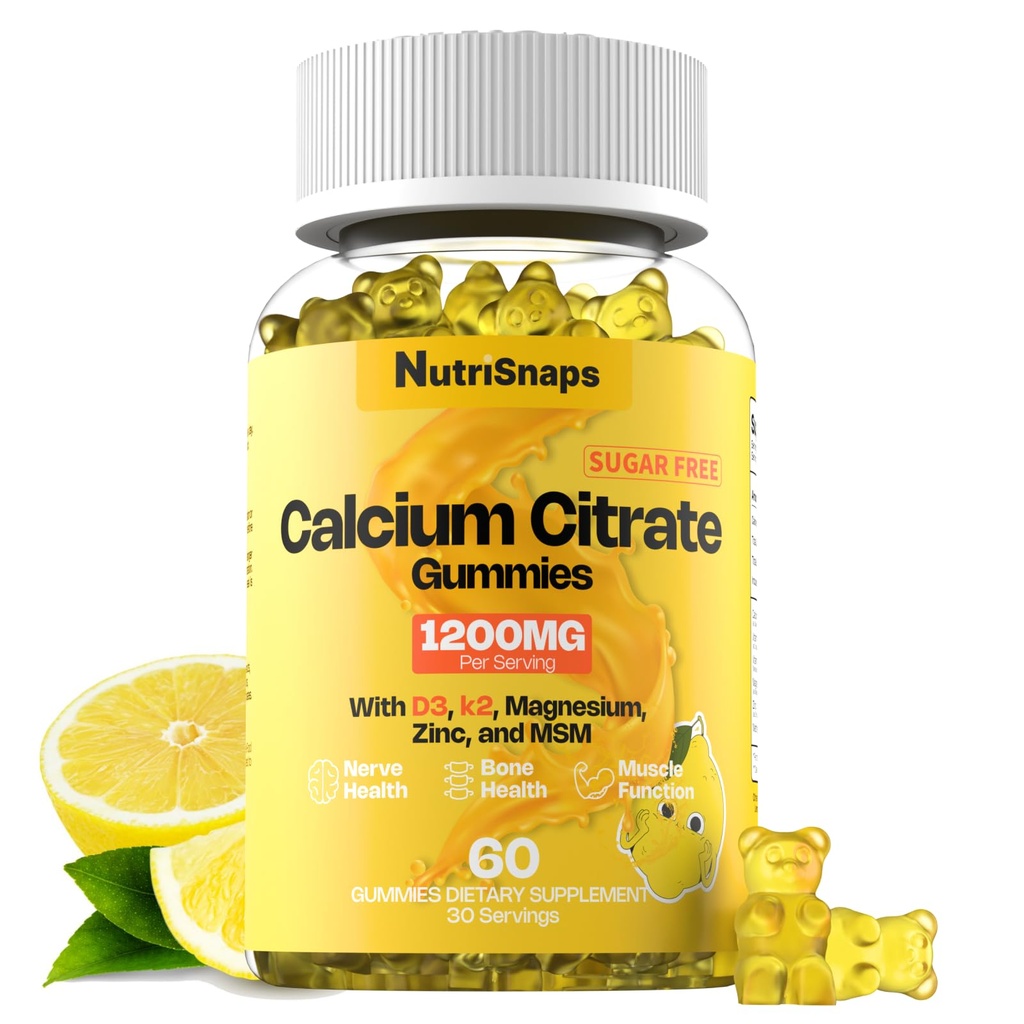 Zucchero Citrato Citrato Gummies 1200mg con Vitamina D3 K2, Magnesio, Zinco, MSM per Uomini & Donne, Bone, Muscolo, Supporto Immune, Ultimate Absorption Calcium Supplement, Vegan, 60 Count