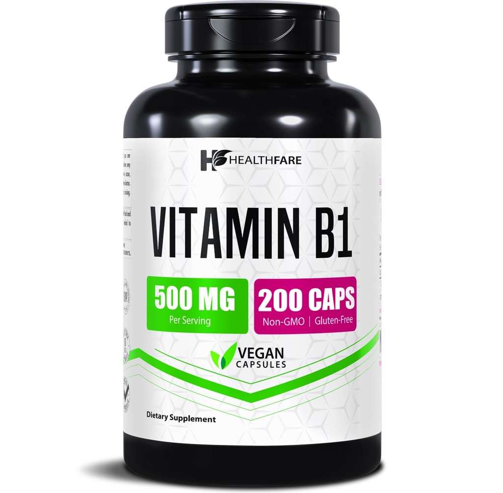 Vitamina B1 (Thiamine) 500mg | 200 capsule vegane | Supplemento ad alta potenza ad alta resistenza | Supporti Energy & Nervous System | Non OGM, Gluten-Free | Made in USA