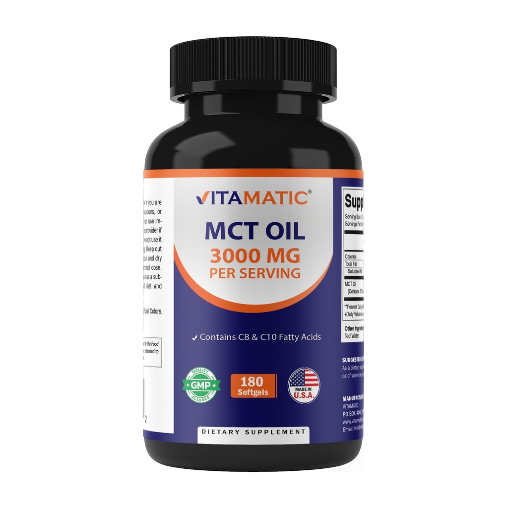 MCT Vitamatico Olio 3000 mg per porzione - 180 Softgels - da olio di cocco - Contiene 55% acido caprilico C8 e 40% acido caprico C10