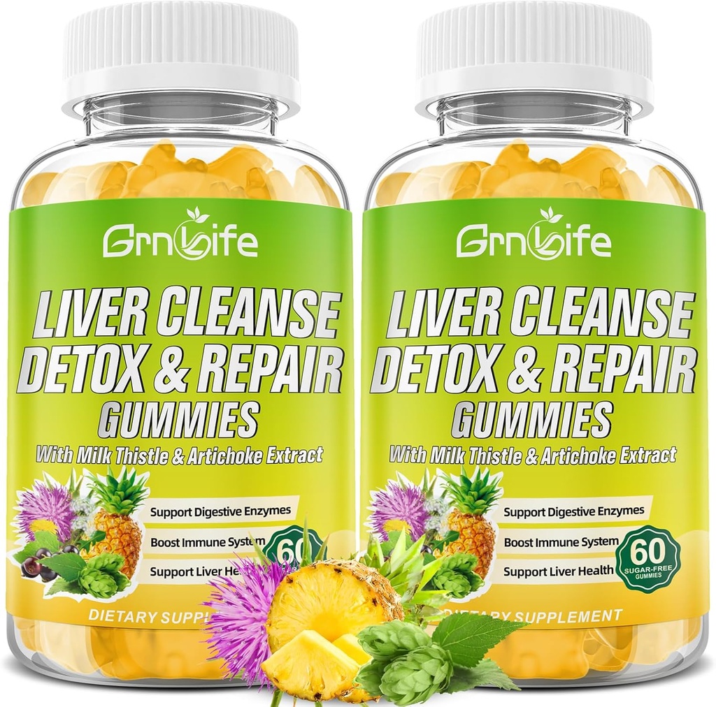 Detox & Repair Gummies with Milk Thistle 3000mg, 24-in-1 Liver Health Supplement with Dandelion, Artichoke, Sugar Free Liver Detox Gummies, Ananas Flavor - 120 Count
