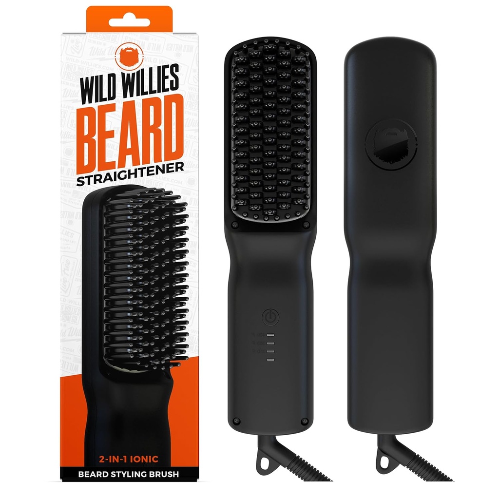 Wild Willies Beard Straightener per gli uomini - 3 impostazioni di temperatura, spazzolino per cuscinetti riscaldato in ceramica Tourmaline & Hot Comb - portatile, tecnologia ionica, capelli grossolani e ricci, 400F - Grooming Tool