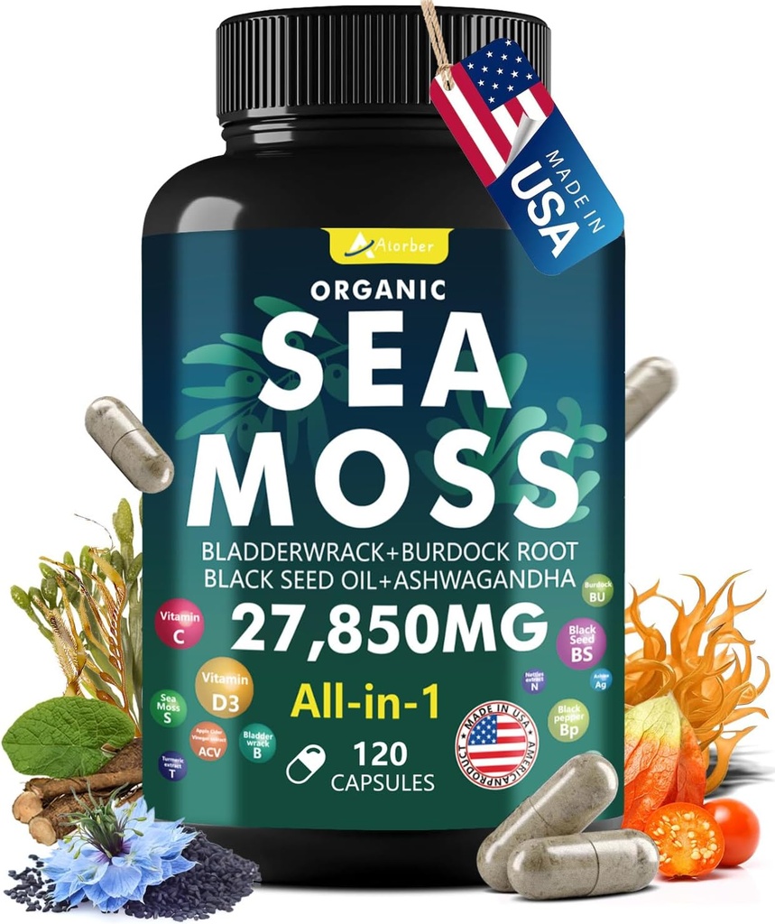 Sea Moss Capsule Complex con Sea Moss, Black Seed Oil, Aşhwagandha, Ginger & Vitamins C, D3-120 Capsule, Integratori Superfood - Pillole Avanzate Seamoss, Pillole di Moss del Mare Selvatico, Made in USA