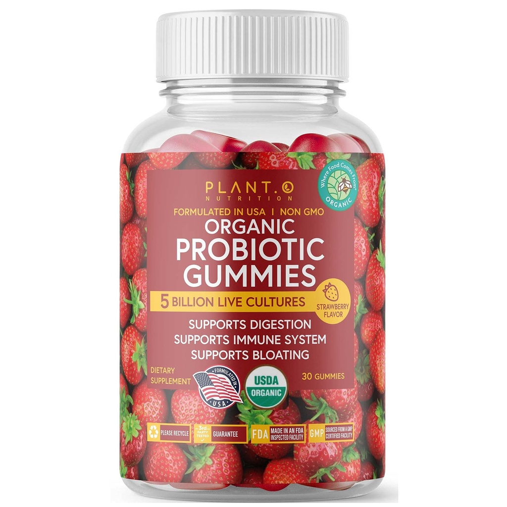 Plant.O Organic Probiotic Gummies per donne, uomini e bambini [5 miliardi di CFU certificati USDA] Aiuto Digestione, Bloating, costipazione & Immune System, Strawberry Flavor, 30 Chewable Probiotics