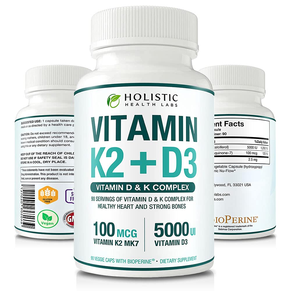 Vitamina K2 + D3 (5000IU) 90 capsule veggie da MK-7 (Menaquinone-7) e Cholecalciferol (con BioPerine) 3 mesi di alimentazione – D3 con K2 per il cuore sano e le ossa forti | Non OGM