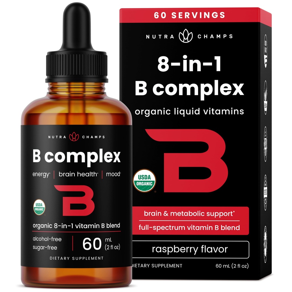 USDA Organic Vitamin B Complex Liquid Drops | B Vitamins Complex Supplemento con B1, B2, B3, B6, B7, B9 & Methyl B12 Gocce per adulti e bambini | Vegan Berry Flavor 2oz | 60 Servings / 2 mesi di alimentazione