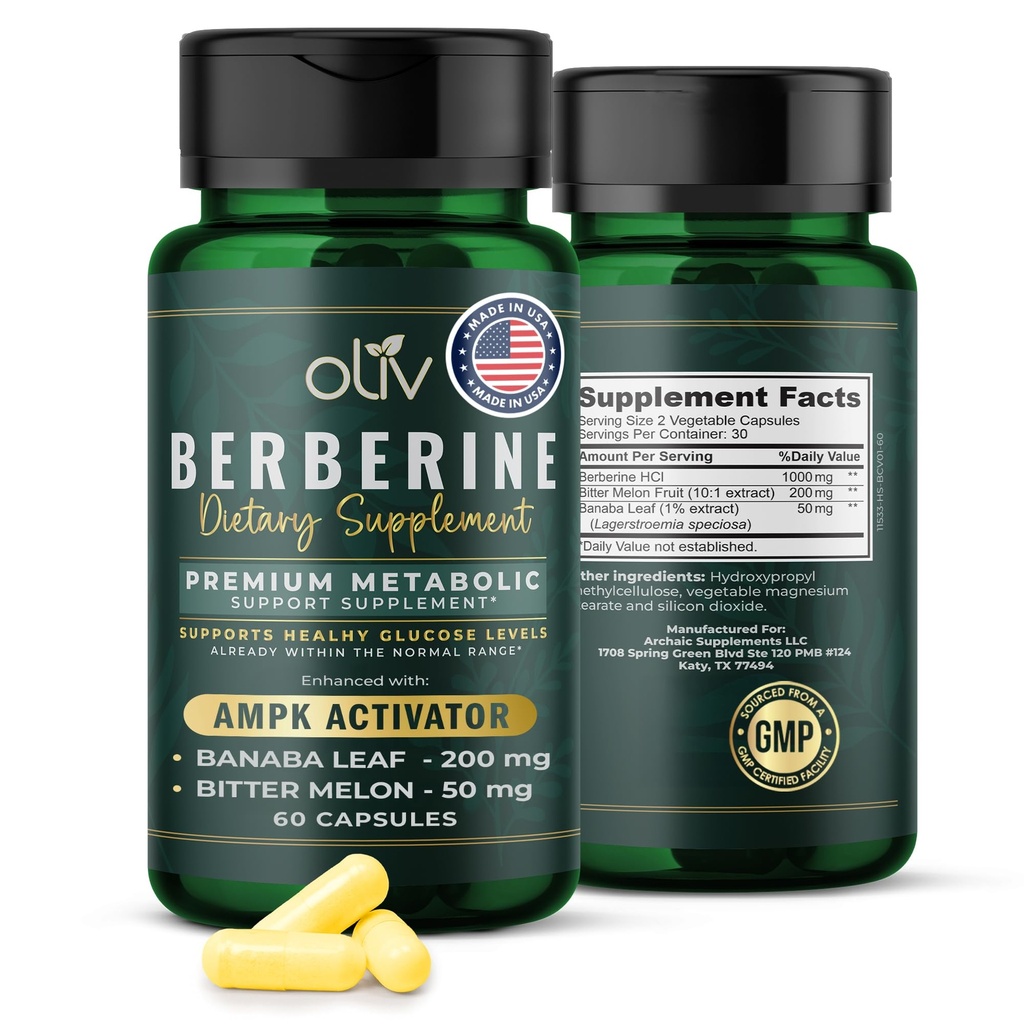 oliv Pure Berberine Supplemento capsule – Berberina HCI 1000mg - Natural Metabolic Support con 200mg Bitter Melon Fruit Extract e 50mg Banaba Leaf – 2 capsule Veggie Daily (30 Serve)