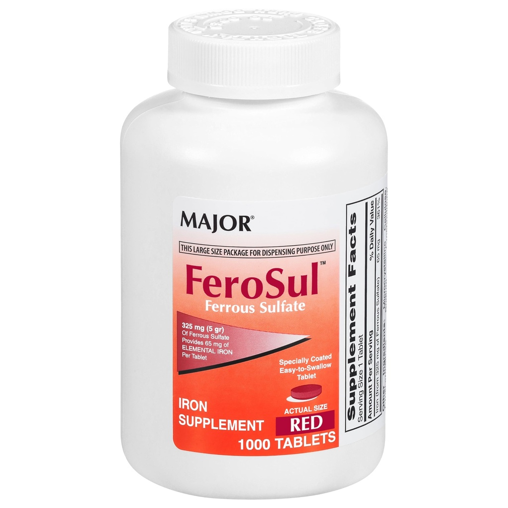 Maggiore FeroSul - Ferrous Sulfate 325 mg Tablets - Ferro da stiro Supplemento per le donne e gli uomini - Specialmente Coated Easy-to-Swallow Tablets - Rosso - 1000 Conte