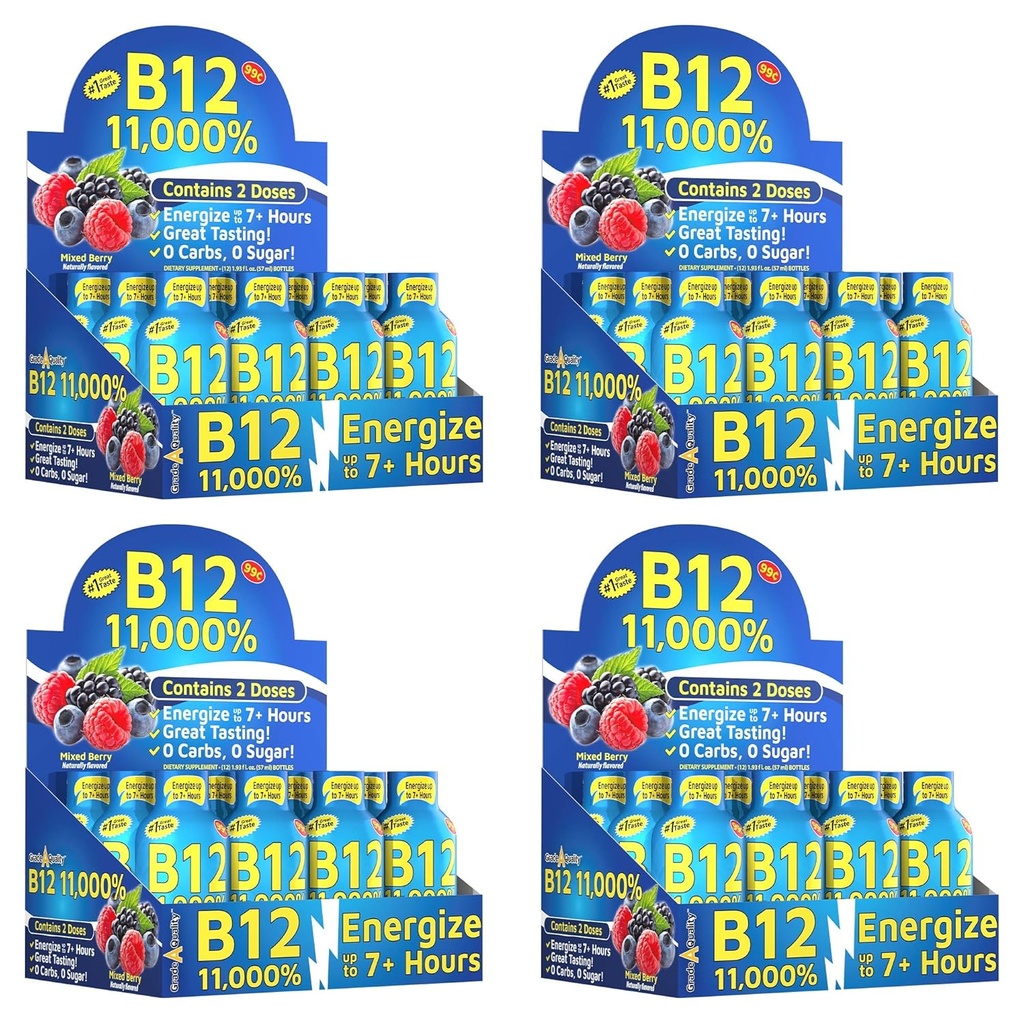 Grade A Quality, B12 Mixed Berry Flavor, Fino a 7+ Ore di energia, 1.93 Fl Oz, 48 Conte