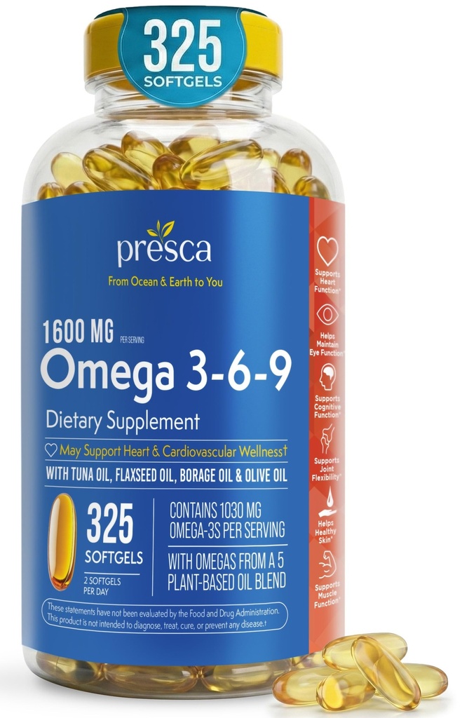 Omega 3-6-9 supplemento dietetico (325 ct.) - Promuovi la funzione visiva e la salute degli occhi - il cuore di sostegno, la salute cardiovascolare, la pelle sana, i capelli e la salute generale (Omega 3-6-9)