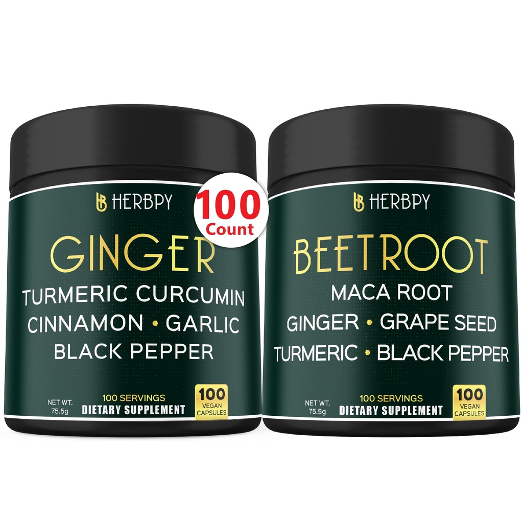 Bundle 5in1 Ginger Supplement & 6in1 Beet Root Capsule - Supporta la salute del cuore, Immune e Digestivo