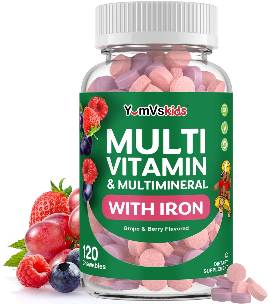 YumVs Kids Multivitaminico con Ferro e Minerali Tavolini masticabili – Grape & Berry Flavor Vitamine per Bambini & Bambini Età 2+ – Multivitamina Giornaliera per Supporto Immune – Kosher, Non OGM – 120 Masticabili