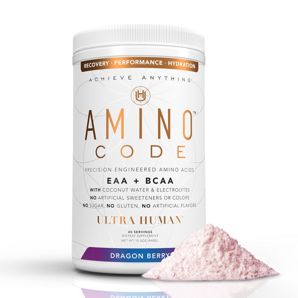 Ultra Human Amino Code | Aminoacidi essenziali + BCAAs + Coconut Water Electrolytes | Fast Hydration Workout Recovery Amino Energy Powder Drink | Clean Formula, 40 Servings - Dragonberry