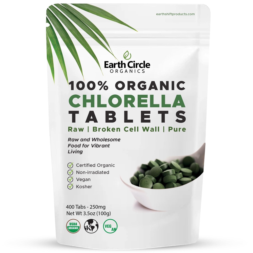 Organic Chlorella Tablets 400 Count | Superfood ad alta potenza | Pillole di clorofilla da 100% Pure Green Algae | Parete cellulare rotto per assorbimento massimo | Vegan, Kosher, Non-GMO | 4 schede al giorno (1-Pack)