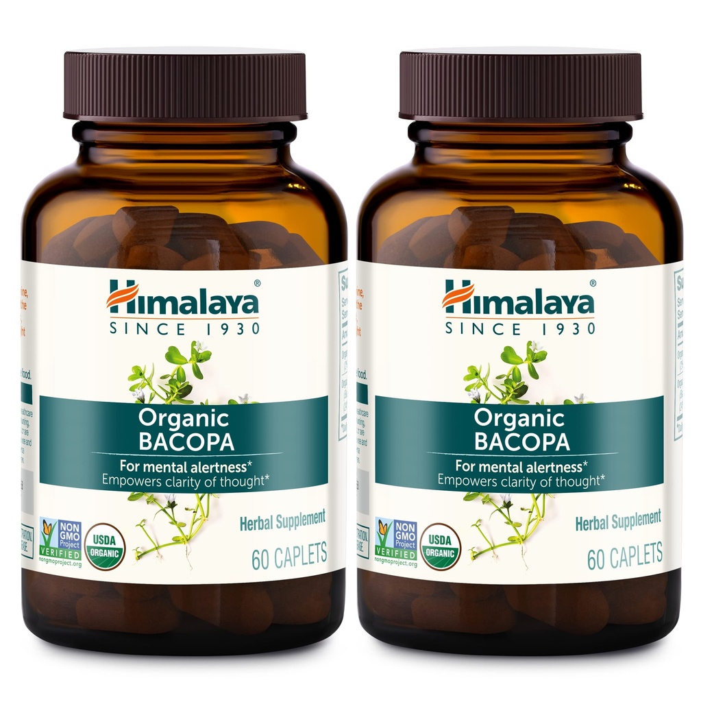 Himalaya Bacopa Monnieri Nootropic Herbal Supplement, Allerta Mentale, Supporti Calma, Memoria, Cognizione, USDA Organico, Non OGM, 750 mg, 60 Caplets Basati sulle piante, 2 Pack, 120 giorni di alimentazione